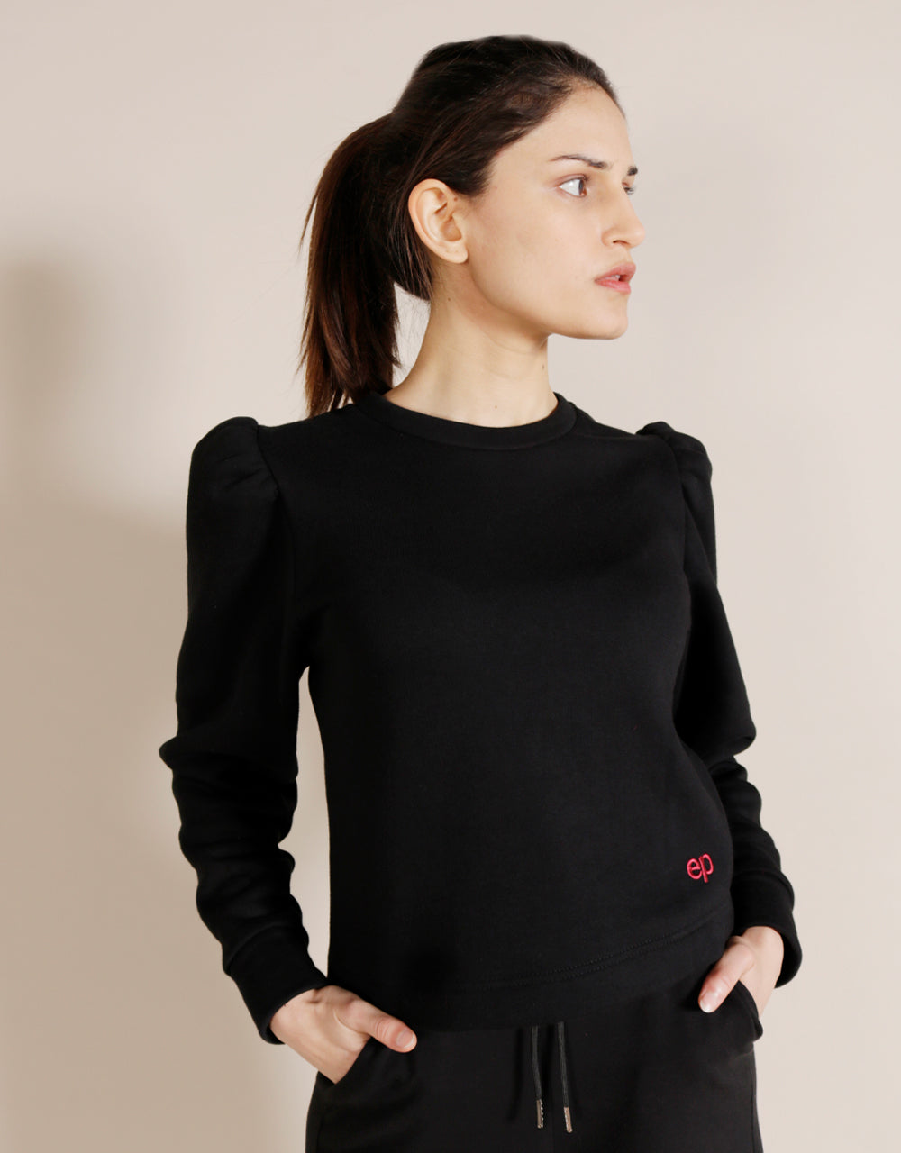 ladies jumpers black puff sleeve jumper