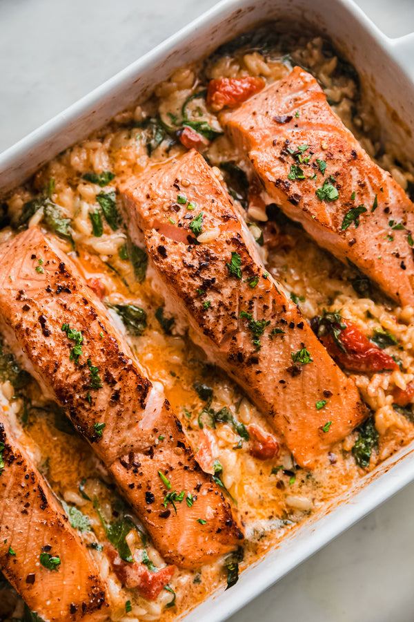 Sun-dried Tomato Baked Salmon Orzo